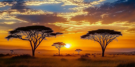 Breathtaking Serene African Sunset Over Silhouetted Acacia Trees in the Vibrant Savanna Landscapeの素材