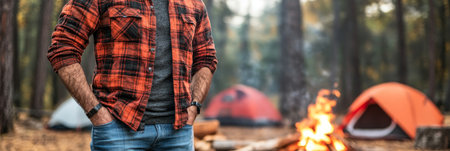 Camping Adventure with Friends, Close-Up Front Waist View of a Man in Flannel Shirt by Fireの素材