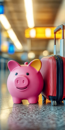 Piggy Bank with Suitcase on Vacation, Concept of Saving for Travel and Holiday Budgeting Tipsの素材