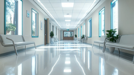 Bright Hospital Hallway with Comfortable Patient Seating, Sunlight Streaming Through Windowsの素材