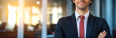 Confident businessman portrait with positive expression in dark blue suit at modern office settingの素材