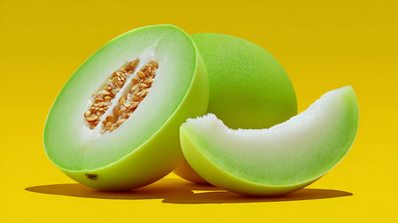 Fresh Honeydew Melon Slices on Yellow Background, Vibrant Fruit Arrangement for Healthy Eatingの素材