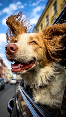 Joyful Dog Enjoying a Car Ride Through the City Streets with Wind in Its Fur, Adventure Awaitsの素材