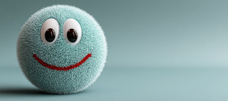 Adorable fluffy mint creature with oversized eyes and a joyous smile on a soft aquamarine backdrop.の素材