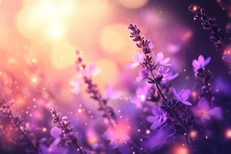 Dreamy Twilight Garden with Lavender Flowers, Soft Light and Enchanting Purple Hues for Serenityの素材