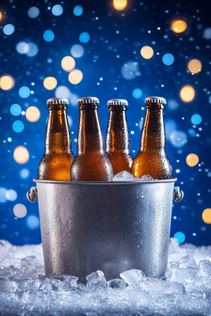 A collection of fresh cold beer bottles nestled in glittering ice, showcasing a festive display.の素材