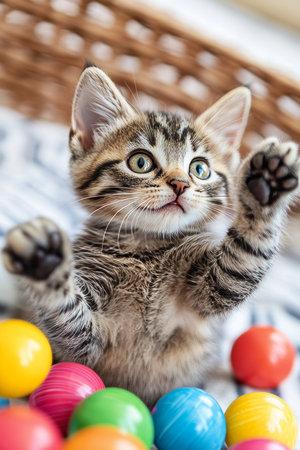 Playful kitten having fun with colorful balls, capturing its joyful spirit in a cozy home setting.の素材