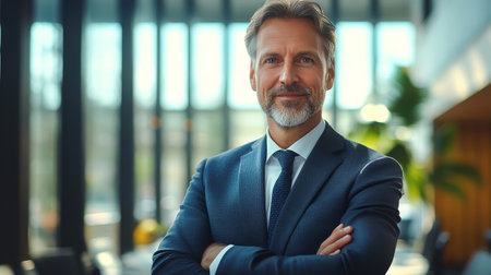 Confident Middle Aged Attorney and Business Professional with Crossed Arms in Modern Office Settingの素材