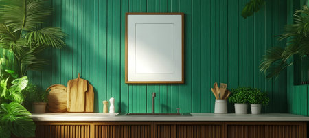 Charming farmhouse kitchen with green slats wall, wooden counter, and stylish decor for mockup use.の素材