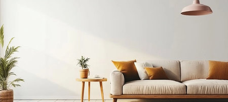 Cozy and Inviting Living Room Interior Featuring Stylish Sofa, Lamp, Green Plants, and Blank Wallの素材