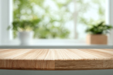Empty Wood Tabletop Background with Blurry Room Interior, Window, and Home Decorations for Displayの素材