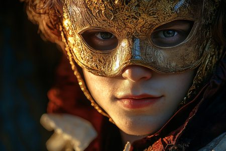 A Captivating Portrait of a Young Man in an Ornate Golden Mask at a Mysterious Venetian Carnivalの素材