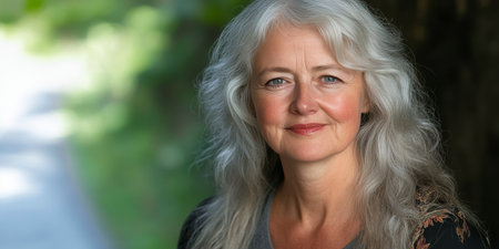 Serene Portraits of a Mature Woman in a Lush Greenery Backdrop, Embracing Nature s Calmnessの素材