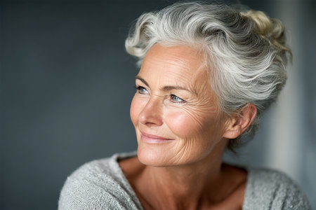 Graceful mature woman with silver hair looking thoughtfully into the distance in a serene setting.の素材
