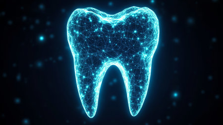 Futuristic Tooth Design with Mesh Grid and Data Points, Symbolizing Modern Dentistry Trendsの素材