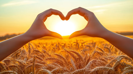 Heart Hands Symbolizing Love for the Country at Golden Hour in a Beautiful Wheat Fieldの素材