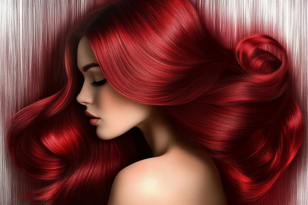 Elegant Woman with Luxurious Red Flowing Hair, Exuding Sensual Femininity in Artistic Portrait Styleの素材