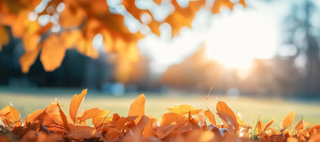 Golden Autumn Leaves in a Sunlit Park A Serene Landscape with Warm Hues and Gentle Light Shimmeringの素材