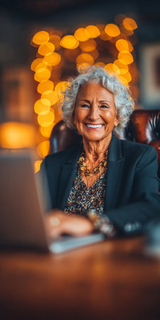 Confident Senior Businesswoman Using Laptop in Modern Office with Blurred Background, copy spaceの素材