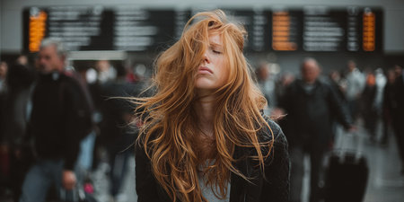 Exhausted Young Woman in Airport Captures the Stress and Disappointment of Modern Travel Experienceの素材