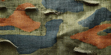 Distressed Camo Fabric Texture With Torn Material Surface Featuring Earthy Tones and Grunge Backdropの素材