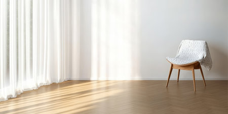 Bright Modern Empty Room Featuring an Upholstered Dining Side Chair on Wooden Flooring with Drapesの素材