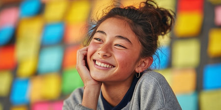 Thoughtful and Smiling Teenage Girl Pondering Ideas in a Colorful Classroom Setting with Notesの素材