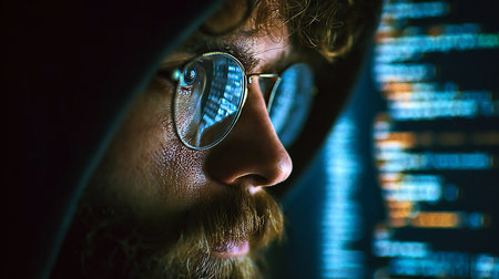 Hooded man examining computer screen with code, highlighting cyber security issues in digital age.の素材