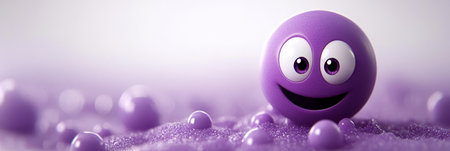 Joyful Purple Emoji with a Bright Smile and Cheerful Expression on a Soft Lavender Backgroundの素材
