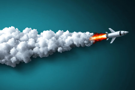 Futuristic Rocket Launching with Brilliant Jet Flame, Smoke Trails, and Dramatic Cloudscape Aboveの素材