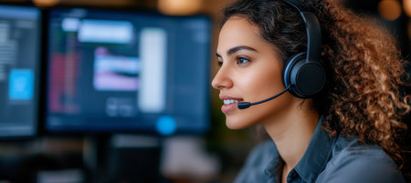 Modern Woman Working from Home with Headset and Laptop in a Bright, Stylish Home Office Spaceの素材