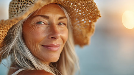 Serene Senior Woman in a Straw Brown Hat by the Beach, Dreamy Summer Vibes with Sun Flareの素材