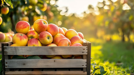 Bountiful Autumn Harvest Vibrant Red Apples in Wooden Crate Surrounded by Golden Orchard Leavesの素材