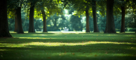 Serene summer meadow in a European capital city, tall trees casting shadows over the green lawnの素材