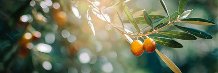 A Sunlit Haven Featuring Lush Olive Branches with Vibrant Fruits Against a Serene Natural Backgroundの素材