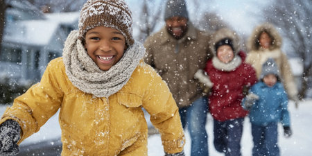 Joyful Family Playing Together in the Snow, Making Snowballs and Laughing in a Winter Wonderlandの素材
