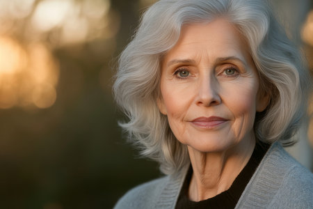 Serene Elderly Lady with Gray Hair and Gentle Smile Surrounded by Nature in a Soft Bokeh Portraitの素材