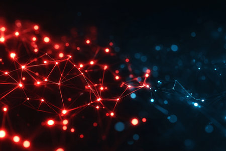 Abstract Network Design with Red Clusters and Blue Lights in a Deep Background Illustrationの素材