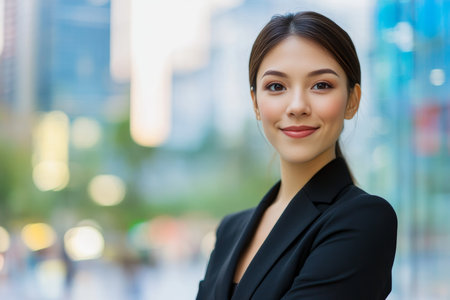Ambitious young female executive navigating her career in a vibrant financial district setting.の素材