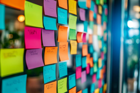 Dynamic Strategic Planning Session with Colorful Sticky Notes for Team Brainstorming and Managementの素材