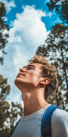 Young traveler enjoying fresh air in nature, surrounded by trees, deep in thought on a sunny day.の素材