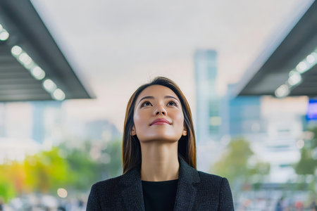 Ambitious Asian Businesswoman Gazing Upward with Hopeful Aspirations for Future Success and Growthの素材