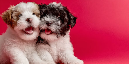 Two Adorable Puppies Snuggling Cuddly Together Against a Bright Red Background, Pure Canine Joyの素材