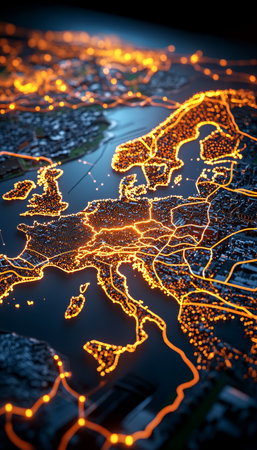 European Connectivity and Digital Integration Visualization with Neural Networks and Bright Lightsの素材