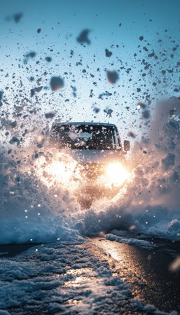 Vehicle clears heavy snow in intense snowstorm, ensuring safe travel through blizzard conditions.の素材