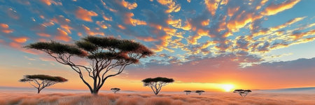Stunning Sunset Over the African Savannah with Silhouetted Acacia Trees and Vibrant Sky Colorsの素材