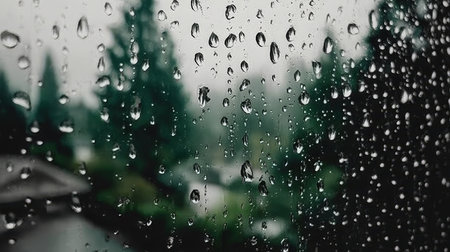 A Serene Rainy Day Reflection Raindrops Clinging to Glass Amidst a Soft-Focus Forest Backgroundの素材