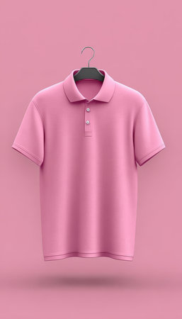 Stylish Rose Quartz Polo Shirt Mockup on Rosetone Background for Men and Boys with Copy Spaceの素材