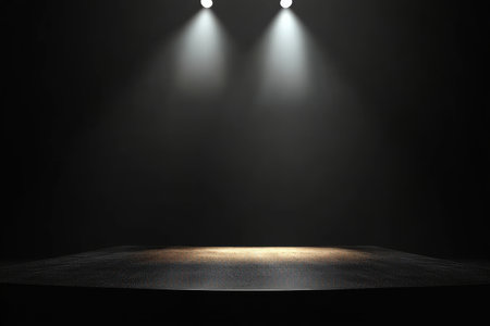 Dramatic Empty Stage Illuminated by Two Spotlights, Creating an Eerie Atmosphere for Performancesの素材