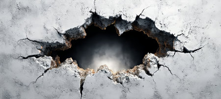 Dramatic Impact Intense Deep Shadowy Dark Hole in Weathered Cracked Grungy White Concrete Wallの素材
